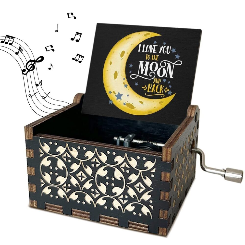7925 I Love You to the Moon and Back Wooden Music Box with Handle Vintage